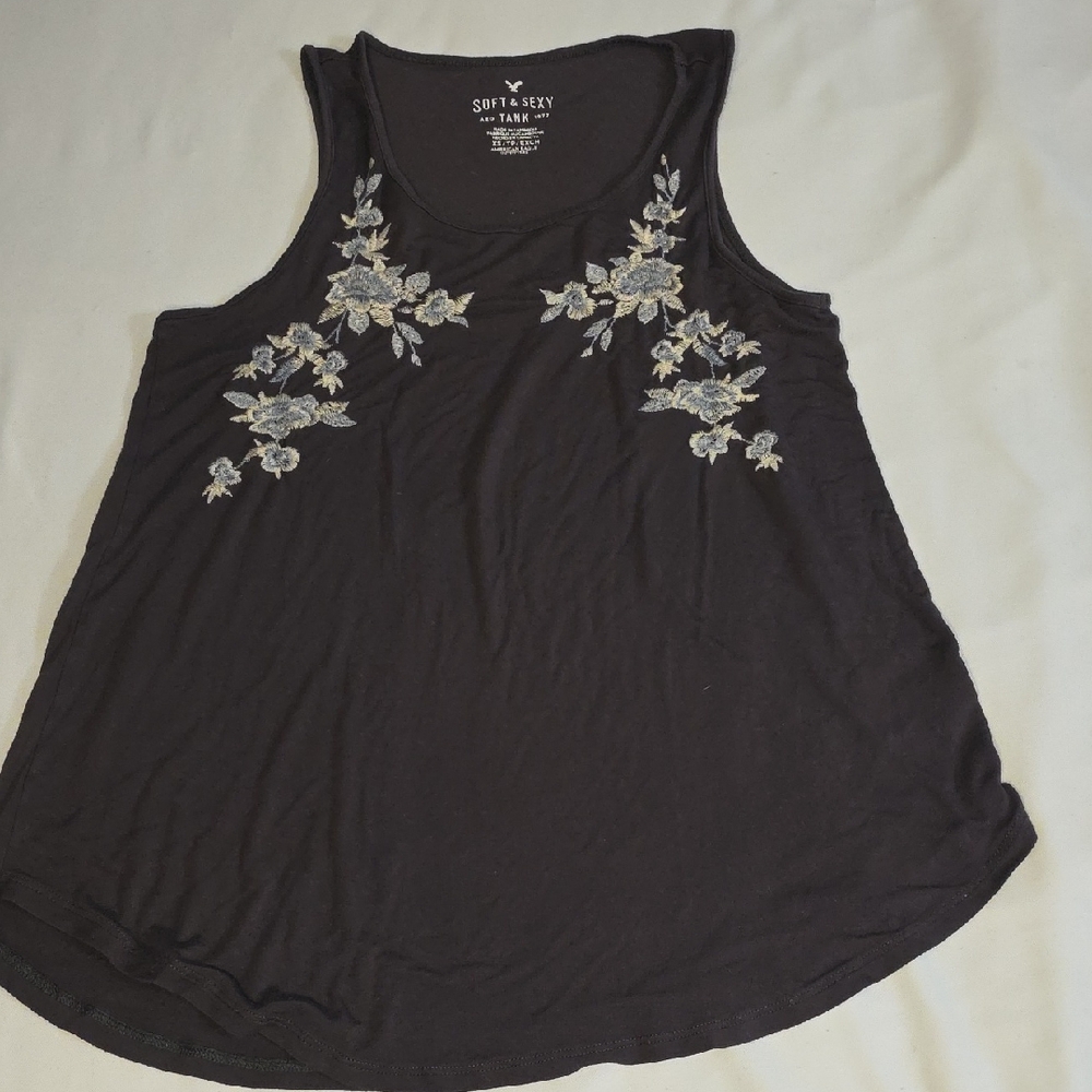 American Eagle Outfitters Black Tank Top with Floral Embroidery